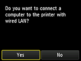 Wired LAN connection screen: Connect a computer to the printer with wired LAN